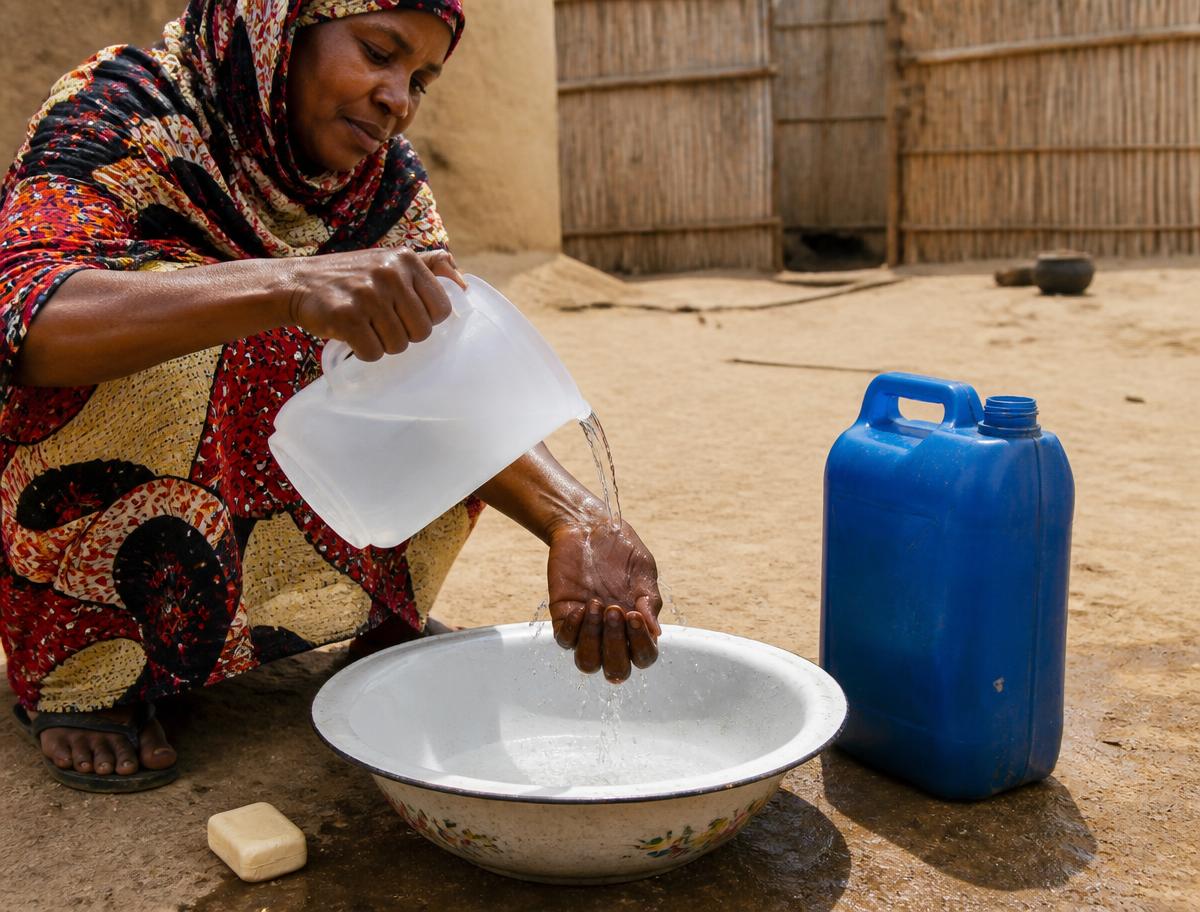 Lavage des mains à l'eau propre dans une concession au Kanem